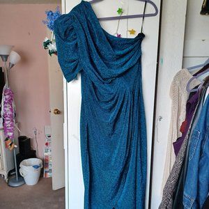 SHEIN Plus One Shoulder Ruched Asymmetrical Hem Glitter Dress BLUE